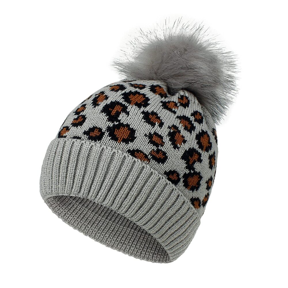 5739 Cute Winter Warm Leopard Knit Beanie Pompom Ball Hat Cap 647GREY